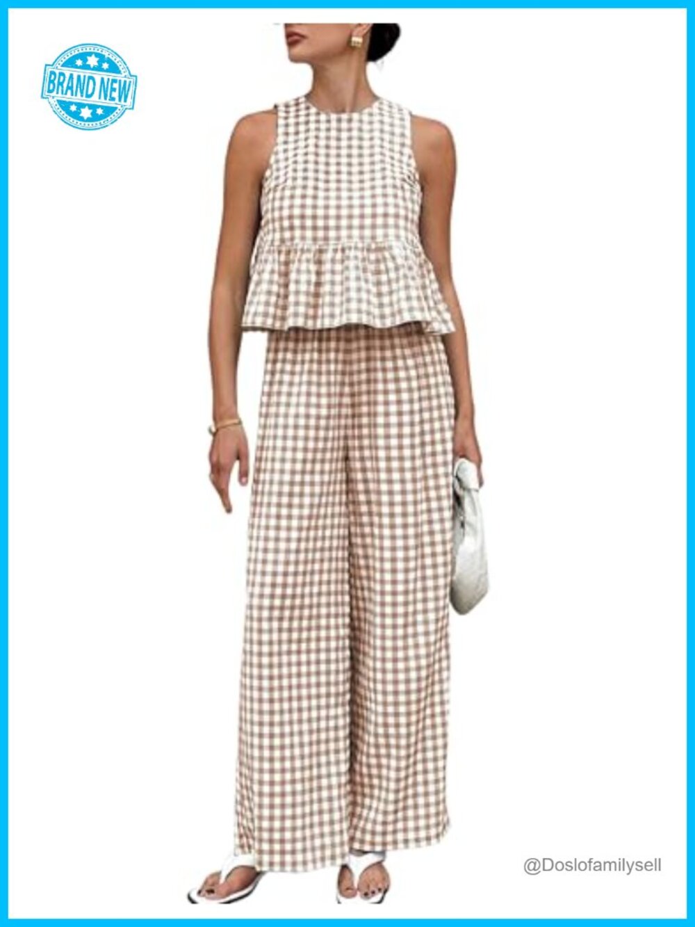 Women's 2 Piece Gingham Set Sleeveless Top Wide Leg Pants Summer Lounge